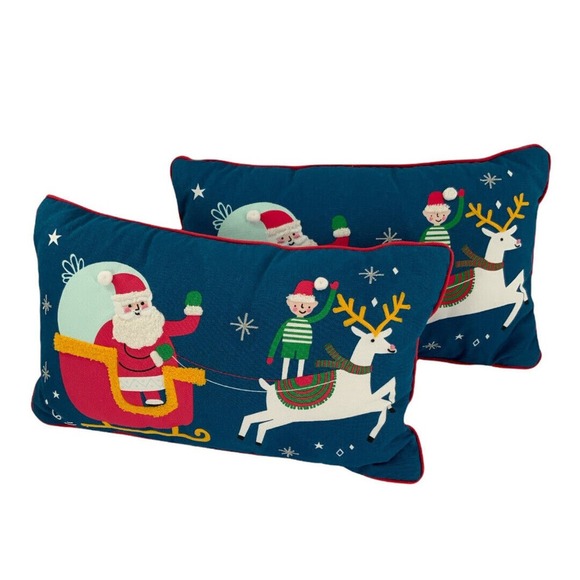 Christmas Santa On Sleigh Reindeer Embroidered Throw Lumbar 2 Pillows 19 X 11 In - Picture 7 of 7